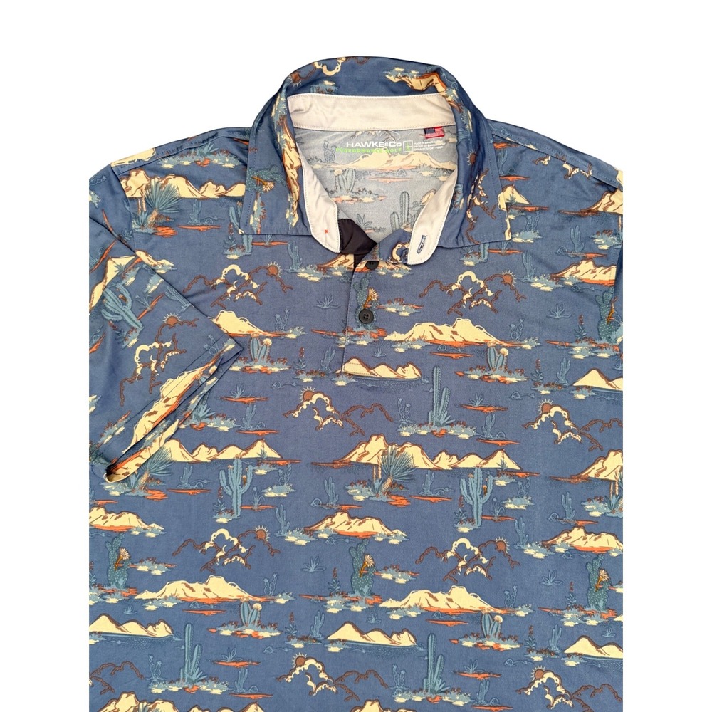 Hawke & Co Performance Golf Polo Mens Large Blue‎ Desert Cactus Print Southwest